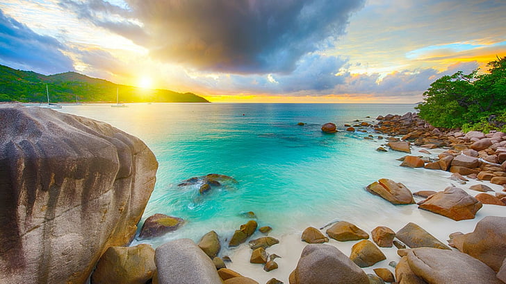 naturaleza, agua, cielo, mar, orilla, zona tropical, roca, océano, costa, Seychelles, nube, playa, paisaje, ola, Fondo de pantalla HD
