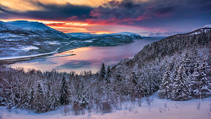 natur, landskap, snö, gryning, moln, himmel, träd, skog, vatten, snöiga berg, växter, floden, Norge, HD tapet