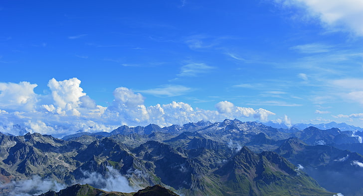 photo of green mountain and blue sky, pyrenees, france, mountains, panorama, HD wallpaper