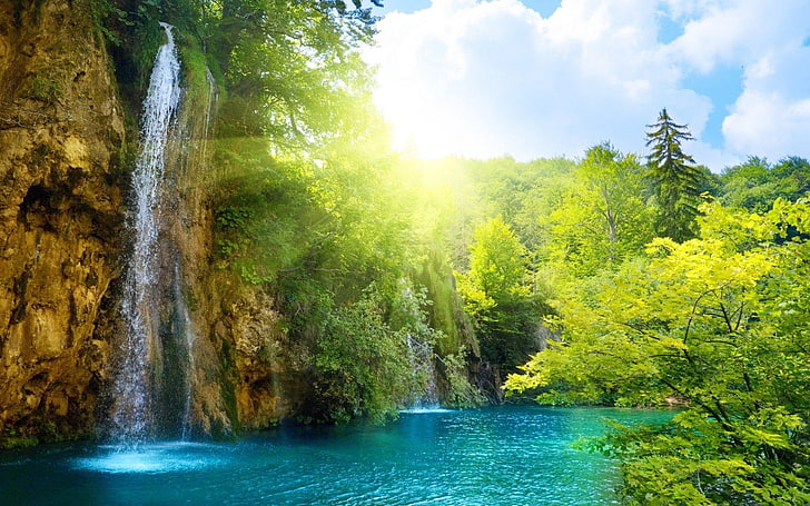 滝と森の絵、滝、太陽、光、明るい、 HDデスクトップの壁紙
