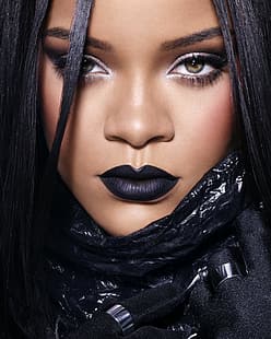 Rihanna, donne, cantante, capelli scuri, ebano, viso, rossetto nero, donne nere, celebrità, brunetta, trucco, rossetto scuro, ritratto, Sfondo HD HD wallpaper