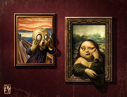 The Scream and Mona Liza painting, humor, art, gallery, pictures, faces, Antonio De Luca, Mona Lisa, The Scream, HD wallpaper HD wallpaper