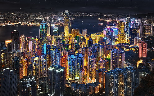 香港の夜景イギリスの高層ビルからの高層ビルからの光デスクトップの携帯電話とラップトップの壁紙、 HDデスクトップの壁紙 HD wallpaper