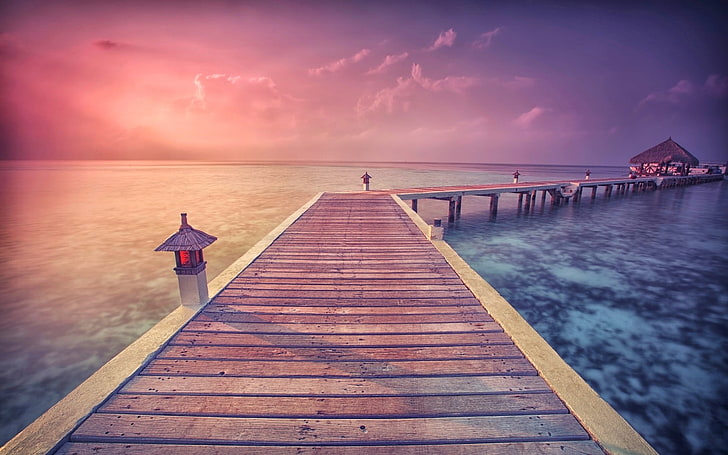 brown wooden ocean dock, nature, landscape, tropical, sea, walkway, clouds, summer, sun rays, coast, HD wallpaper