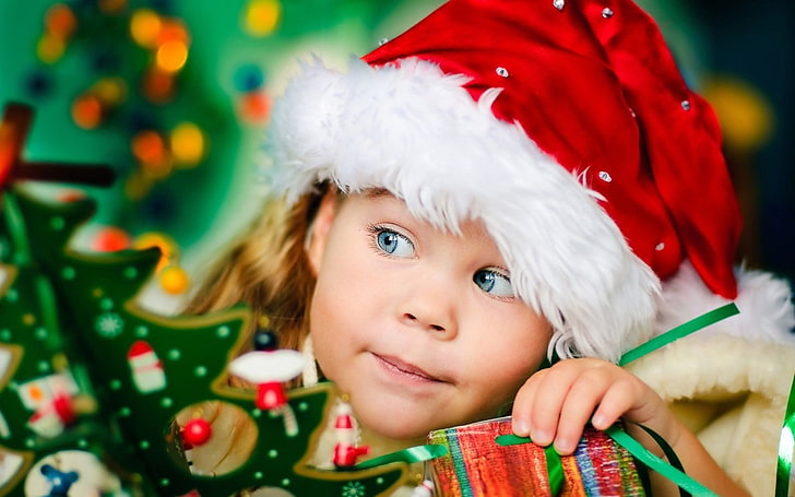 귀여운 아이들 메리 크리스마스 휴일 바탕 화면 09, 빨간색과 흰색 산타 클로스 모자, HD 배경 화면