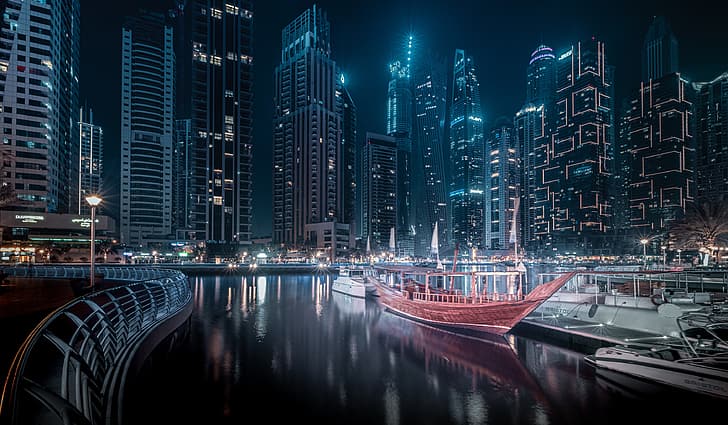 building, home, boats, Bay, Dubai, night city, skyscrapers, harbour, UAE, Dubai Marina, Roman Bevzenko, HD wallpaper