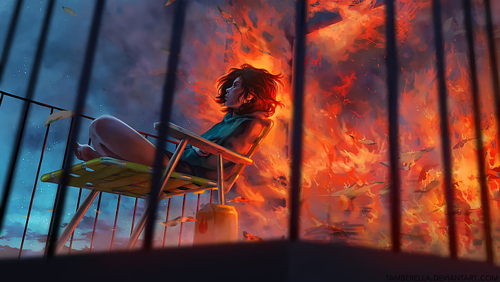 человек, сидящий на открытой гостиной перед пламенем иллюстрации, огонь, крыши, дым, бумага, звезды, стул, облака, произведения искусства, женщины, HD обои