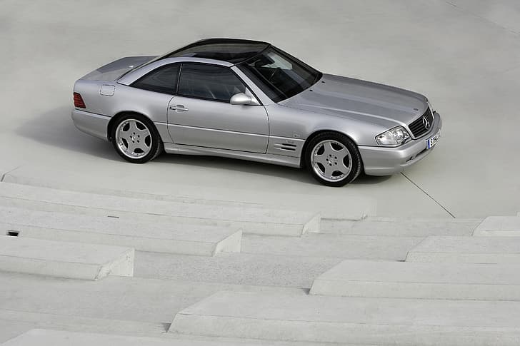 car, vehicle, sports car, coupe, Mercedes-Benz, Mercedes-Benz R129, Mercedes-Benz SL, old car, classic car, German cars, silver, silver cars, stairs, high angle, HD wallpaper