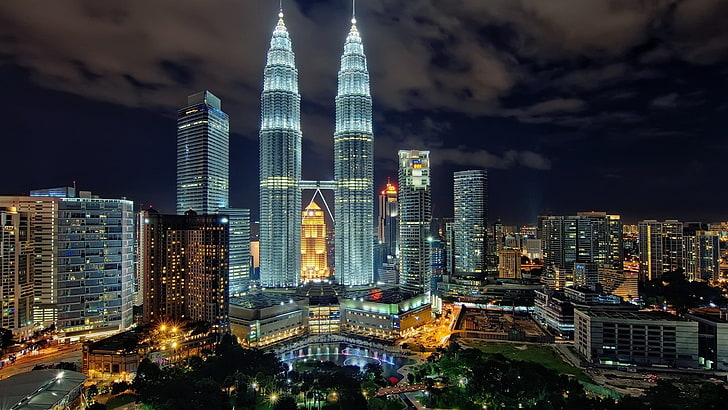 페트로나스 타워, 도시 풍경, 페트로나스 타워, 쿠알라 룸푸르, 말레이시아, HD 배경 화면