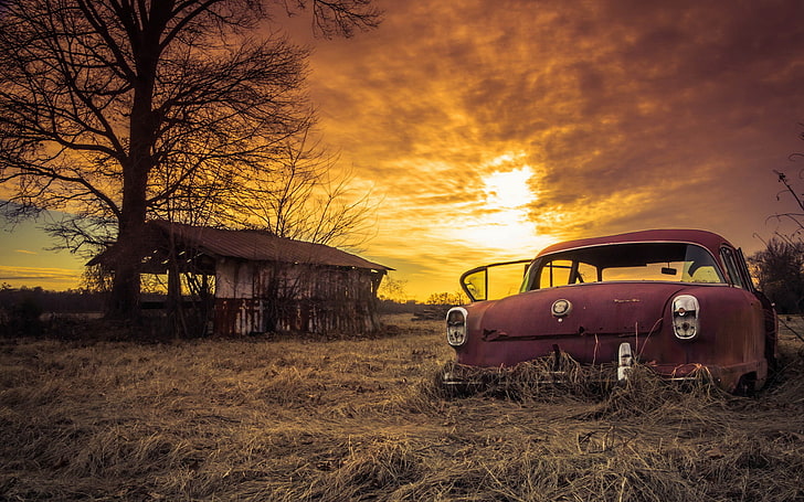 vintage brown car, car, sunset, abandoned, rusty, sunday, sliders, HD wallpaper