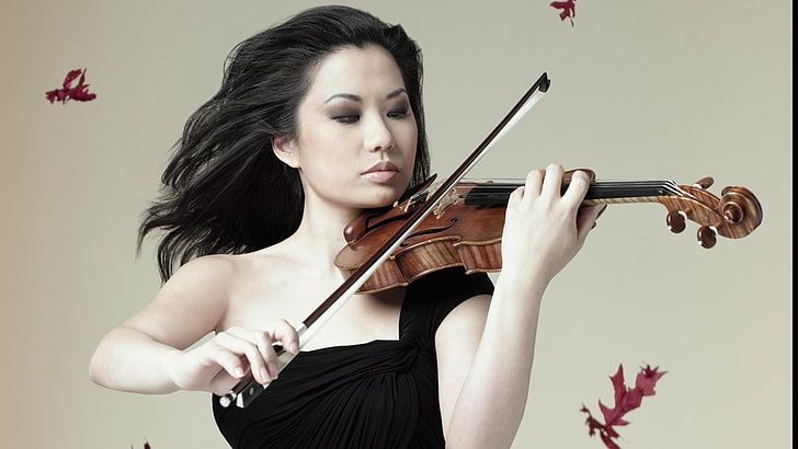 brown violin and brown violin bow, sarah chang, girl, violin, face, leaves, HD wallpaper