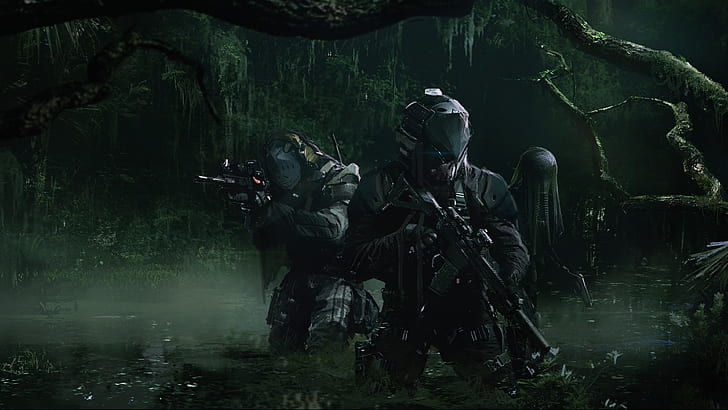 Tom Clancy's Ghost Recon Breakpoint, Armored, swamp, wolf, tactical, assault rifle, shrubbery, HD wallpaper