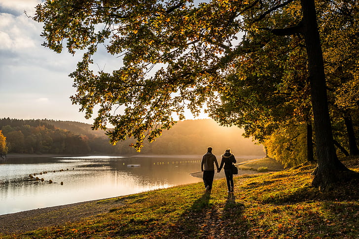 couple walking on side of the river, Autumn, Evening, couple, walking on, on side, river, Nordrhein-Westfalen, Deutschland, DE, Schalksmühle, outdoor, Canon  EOS  70D, landscape, water, lake, leaf, leafs, tree, forest  people, path, fall, recreation, nature, outdoors, men, people, forest, women, couple - Relationship, love, togetherness, two People, romance, HD wallpaper