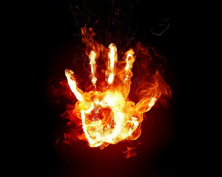 main recouverte de graphique de flamme, feu, mains, empreintes de mains, art numérique, Fond d'écran HD