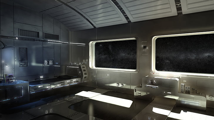 rechteckigen weißen Tisch, Raum, CGI, futuristisch, Raumkunst, Science-Fiction, Render, Innenraum, Raumstation, digitale Kunst, HD-Hintergrundbild