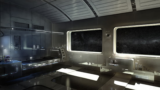 rechteckigen weißen Tisch, Raum, CGI, futuristisch, Raumkunst, Science-Fiction, Render, Innenraum, Raumstation, digitale Kunst, HD-Hintergrundbild HD wallpaper