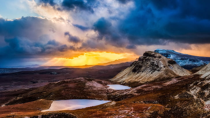 nature, landscape, clouds, sunlight, pond, mountains, sky, rocks, grass, field, Skye, Scotland, UK, sunset, HD wallpaper