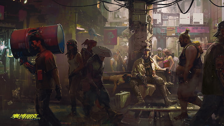 zrzut ekranu z animacją ludzi chodzących po ulicy, cyberpunk, Cyberpunk 2077, cyborg, gry wideo, fantasy art, grafika, Tapety HD