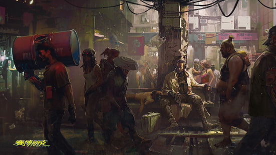 orang-orang berjalan di screenshot animasi jalanan, cyberpunk, Cyberpunk 2077, cyborg, video game, seni fantasi, karya seni, Wallpaper HD HD wallpaper