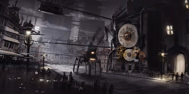 round gray and gold clock, artwork, steampunk, city, HD wallpaper HD wallpaper