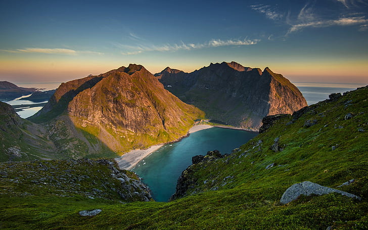 побережье, Норвегия, горы, закат, пейзаж, природа, небо, залив, море, тень, скалы, HD обои