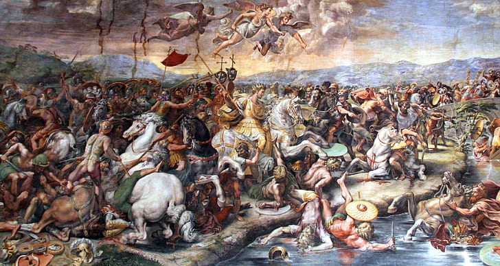 seni klasik, lukisan, Pertempuran Jembatan Milvian, Giulio Romano, pertempuran, kuda, Romawi, Wallpaper HD