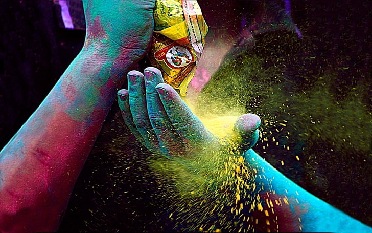 colorido, gente, manos, festival holi, india, polvo, polvo, Fondo de pantalla HD