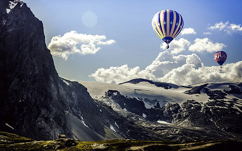 بالونات الهواء الساخن والجبال والمناظر الطبيعية والثلج، خلفية HD HD wallpaper