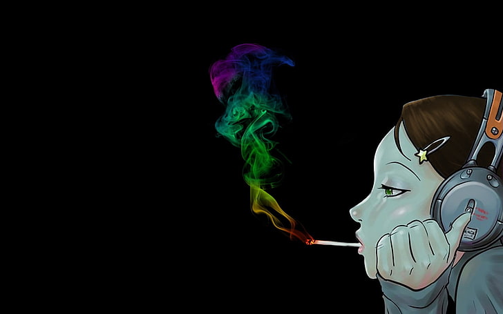 cigarros, meninas anime, fundo preto, fones de ouvido, fumaça colorida, colorido, fumo, HD papel de parede