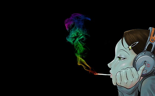 аниме, сигареты, аниме девушки, черный фон, наушники, цветной дым, разноцветные, курение, HD обои HD wallpaper