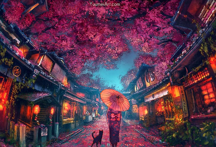 Yuumei, рисунка, алея, чадър, рокля, цвят на сакура, черешов цвят, нощ, топла светлина, улица, животни, котки, HD тапет