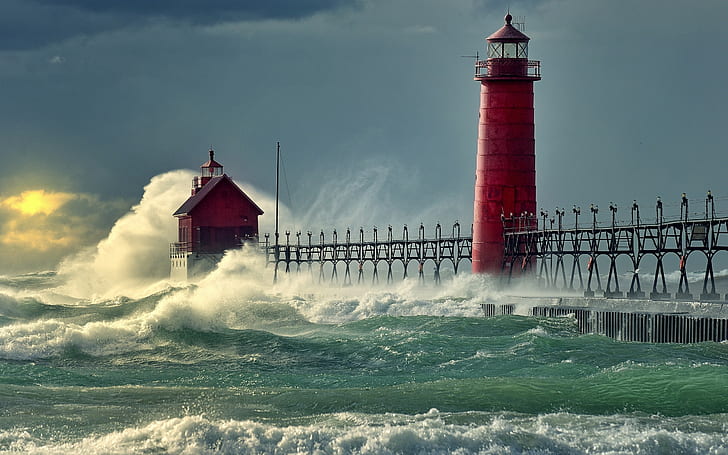 Ocean Wave Lighthouse HD, червен фар, природа, океан, фар, вълна, HD тапет