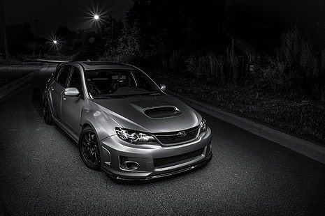 szare Subaru WRX sedan, Subaru, lekkie, srebrne, drogowe, wrx, ​​impreza, noc, przód, sti, Tapety HD HD wallpaper