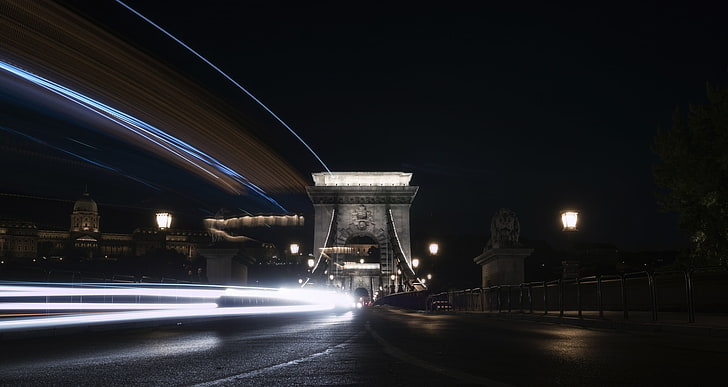 gelap, jalan, malam, lalu lintas, paparan panjang, Budapest, Chain Bridge, Hongaria, Wallpaper HD