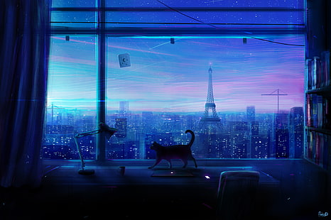 gato, la ciudad, sala, ventana, arte, rascacielos, Lonely Night, Rico De Zoysa, Fondo de pantalla HD HD wallpaper