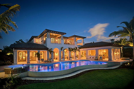 casa, moderna, luzes, nuvens, grama, construção, palmeiras, reflexão, piscina, HD papel de parede HD wallpaper
