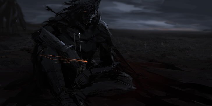 Mężczyzna trzymający miecz Tapeta, spojrzenie, miecz, zbroja, wojownik, sztuka, mężczyzna, siedzący, Tapety HD