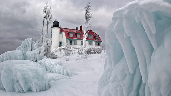 biało-szary betonowy dom, krajobraz, lód, latarnia morska, zima, śnieg, Tapety HD HD wallpaper
