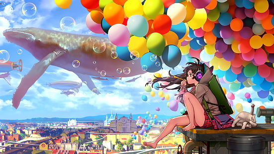 Barfuß, Anime Mädchen, Wolken, Himmel, Blasen, Wal, Fantasy-Kunst, Rock, lange Haare, Kopfhörer, bunt, Ballon, Anime, Stadt, HD-Hintergrundbild HD wallpaper