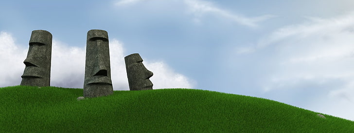 tre Moai, konstgjorda, Moai, ansikte, Moai statyer, HD tapet