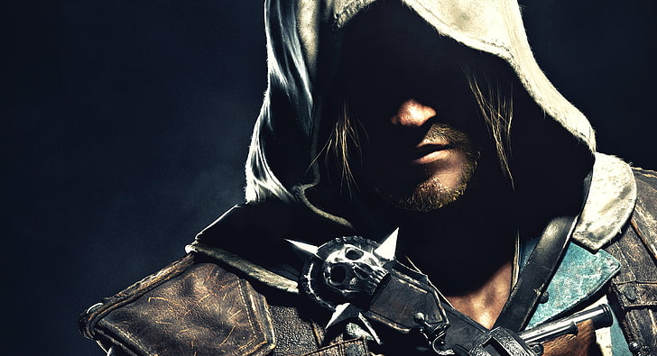 Cyfrowa tapeta Assassin's Creed 4, Edward Kenway, kaptur, twarz, cień, Tapety HD