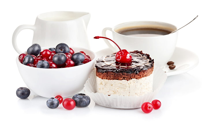 weißer Keramikbecher, Johannisbeere, Kaffee, Kuchen, HD-Hintergrundbild