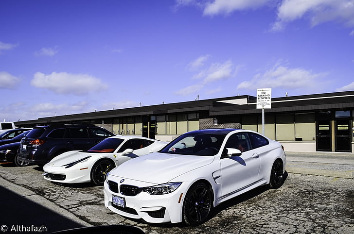 white BMW coupe, BMW, Ferrari, BMW M4 Coupe, Ferrari 458, car, supercars, vehicle, luxury cars, machine, exotic, HD wallpaper