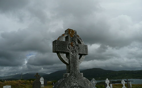 Кельтский крест, могила, пасмурно, маркер, крест, животные, HD обои HD wallpaper