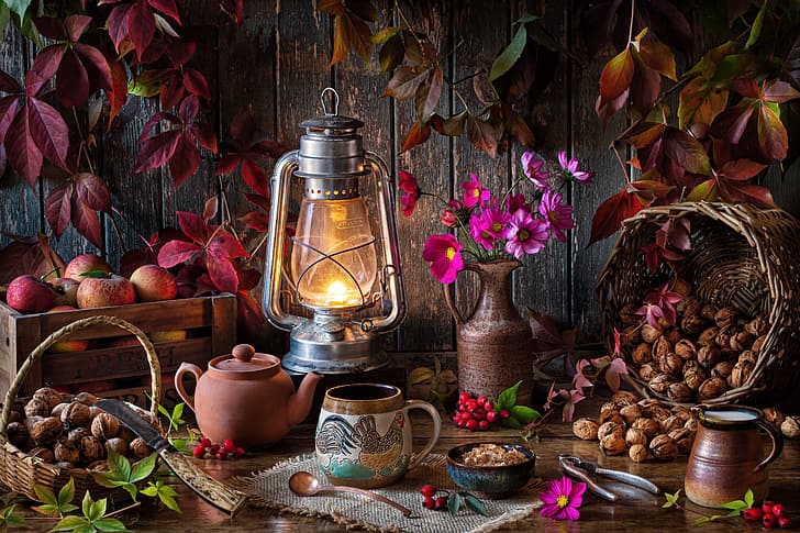leaves, flowers, style, berries, basket, apples, briar, knife, mug, lantern, pitcher, nuts, still life, box, kosmeya, HD wallpaper