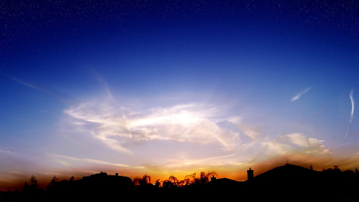 silueta de nubes durante la hora dorada fotografía, puesta de sol, cielo, estrellas, luz solar, nubes, Fondo de pantalla HD