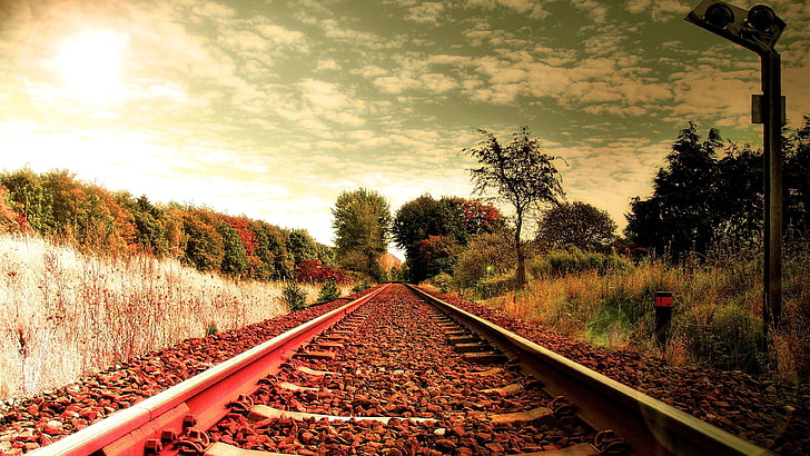 pista, rotaie, ferrovia, ferrovia, binari, campagna, cielo, luce del sole, pianta, autunno, paesaggio, erba, Sfondo HD
