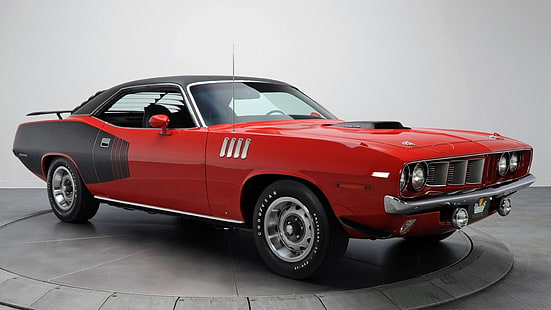 red car, car, plymouth, barracuda, vehicle, muscle car, plymouth barracuda, classic car, HD wallpaper HD wallpaper