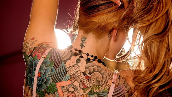 Татуировка, жени, гръб, блондинка, задна флорална татуировка, татуировка, жени, гръб, блондинка, HD тапет HD wallpaper