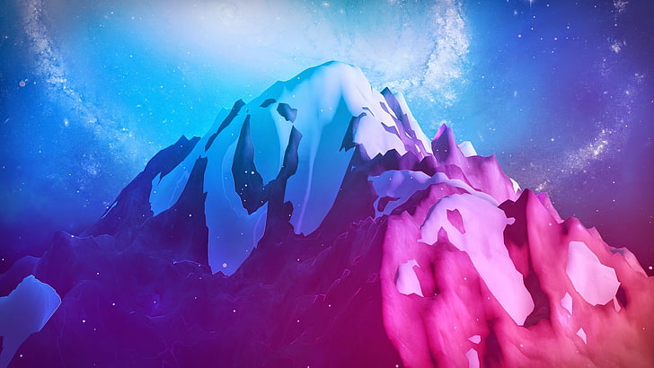 mountain with snow caps wallpaper, Photoshop, mountains, snow, landscape, artwork, digital art, Milky Way, galaxy, HD wallpaper